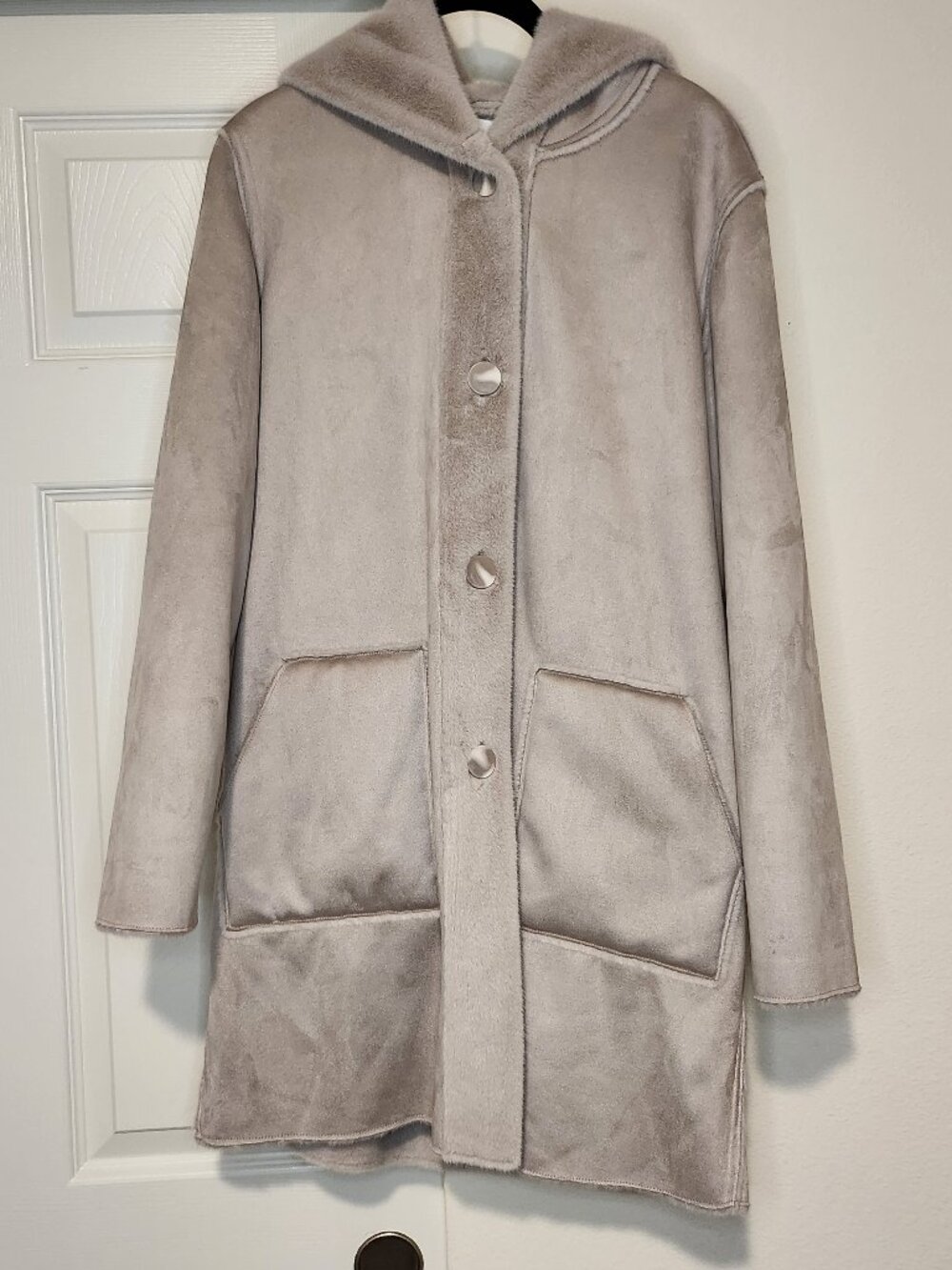 Joseph Ribkoff Taupe Fur Lined Hooded Coat Sz S